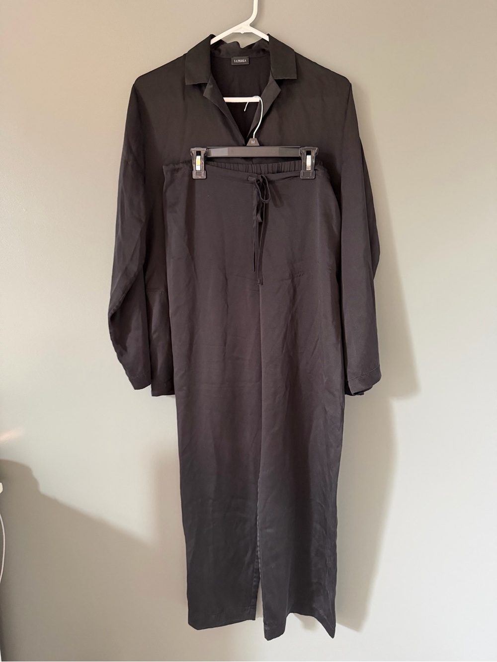 La Perla SILK Black Silk Pajama Set Long Sleeve Long Pant Lightweight Medium